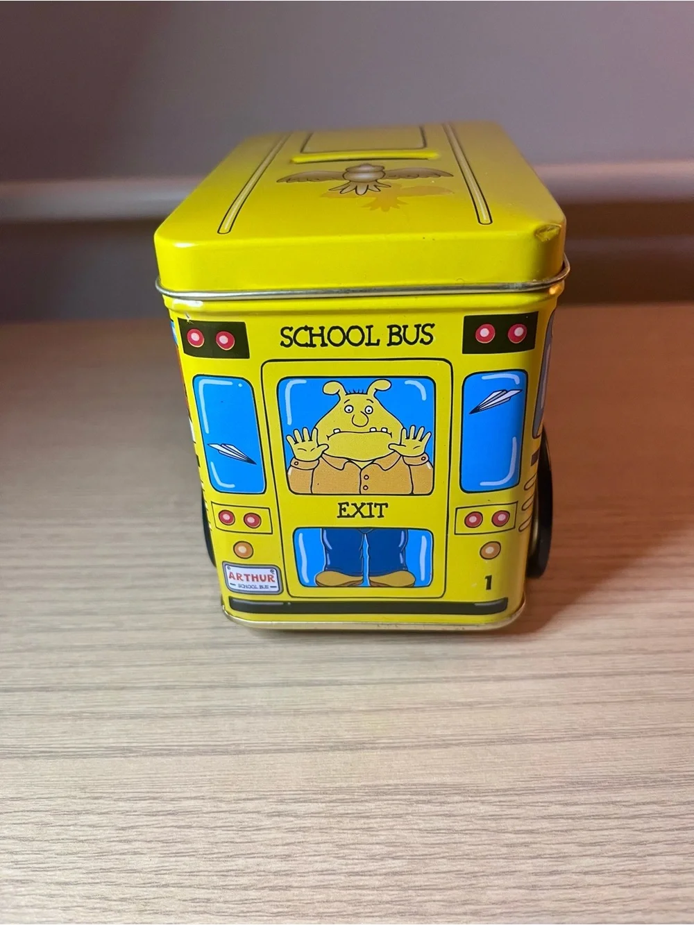 Vintage PBS Kids Arthur School Bus Yellow Tin Coin Bank - 1998 Marc Brown